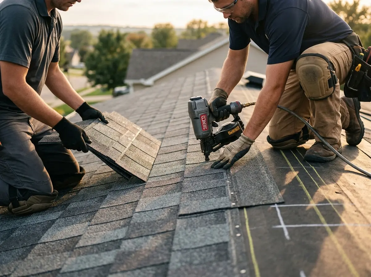 Professional roofer working on a residential roof in Topanga
